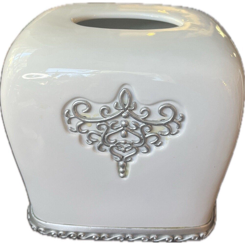 Ceramic Square Tissue Box Cover Holder White with Silver Embellishments Elegant